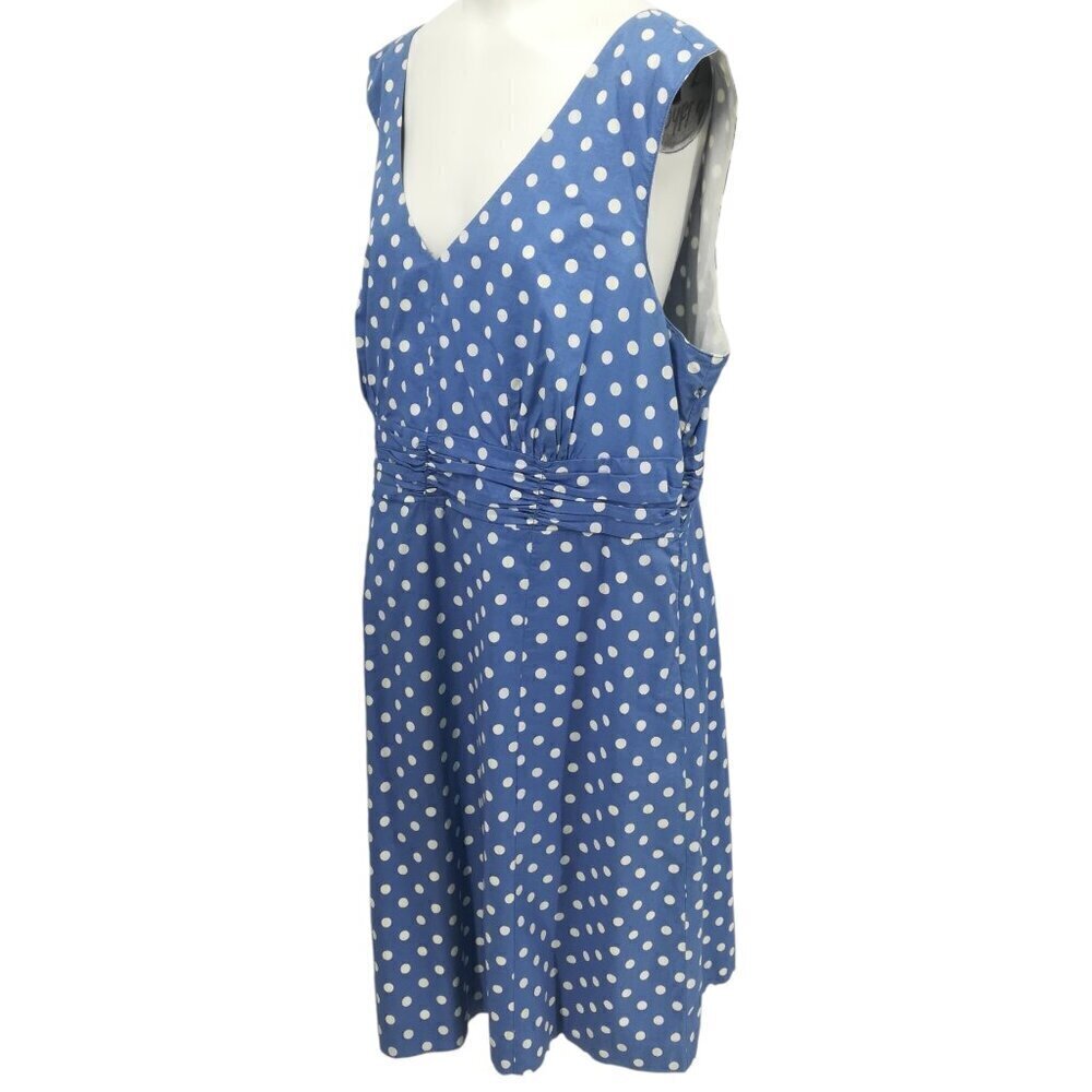 Boden V Neck Blue Polka Dot Sleeveless Sheath Dress Size 16R Lined Knee Length